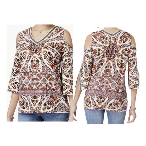 Style & Co Cold Shoulder Embroidered Trim Cotton Boho Chic Top Multicolor Size L - Picture 2 of 15